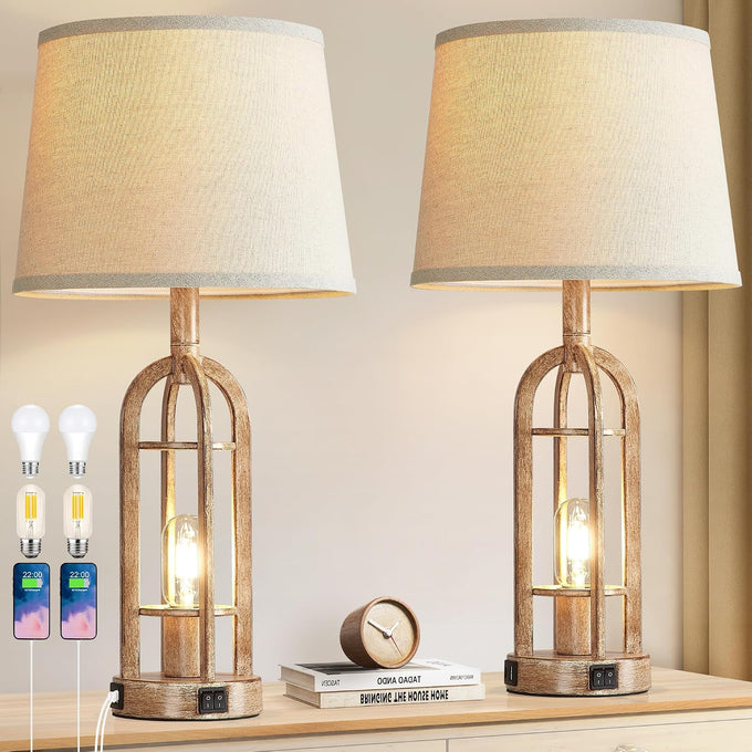 SRJJA 24" Farmhouse Table Lamps for Living Room Bedroom Set of 2, USB A+C