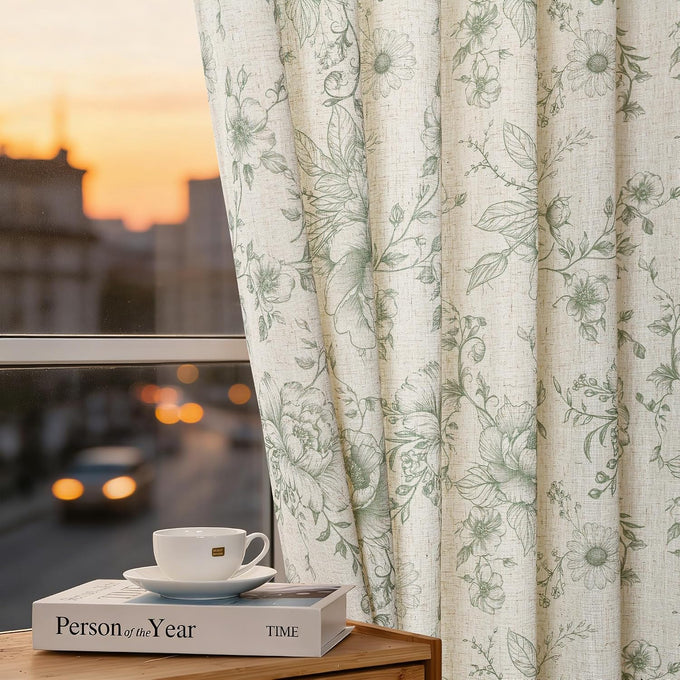 XWZO Floral Curtains for Living Room Linen Farmhouse Curtains 96 Inch Length Taupe Floral Patterned Curtain Peony Flower Printed Back Tab Curtain Bedroom Window Drapes 2 Panels
