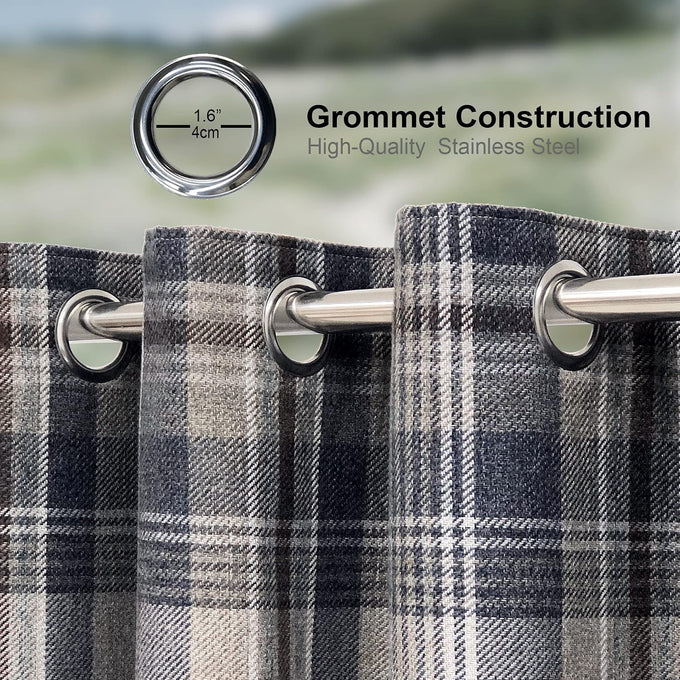 always4u Plaid Gingham Curtains for Living Room Bedroom Room Darkening Check Country Curtains 2 Panels Striped Grommet Window Treatments 54X84 Inch Blue and Brown