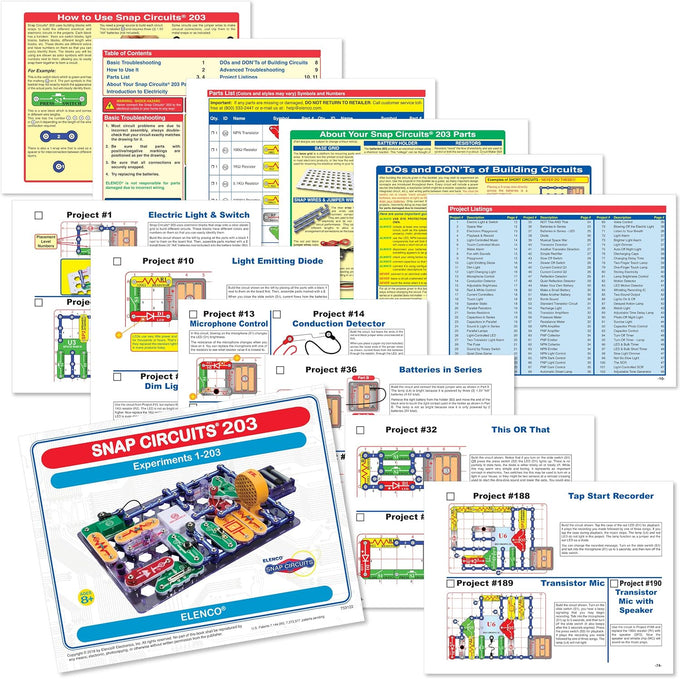 SNAP CIRCUITS 203 STEM Electronics Kit for ages 8 and up, featuring over 200 engaging projects to explore electrical engineering basics with 40+ snap-together components.