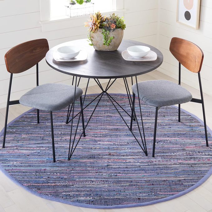 SAFAVIEH Rag Rug Collection Area Rug - 6' Round, Purple & Multi, Handmade Boho Stripe Cotton, Ideal for High Traffic Areas in Living Room, Bedroom (RAR121D)