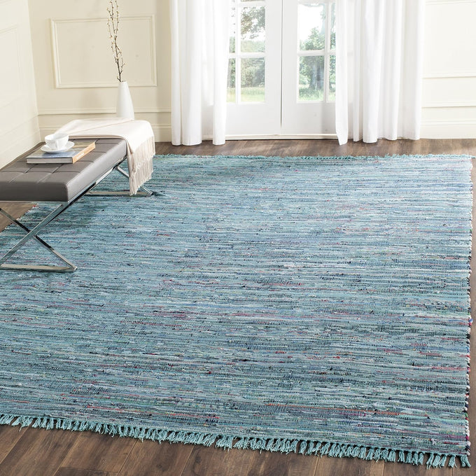 SAFAVIEH Rag Rug Collection Area Rug - 6' Square, Blue & Multi, Handmade Boho Stripe Cotton, Ideal for High Traffic Areas in Living Room, Bedroom (RAR121B)