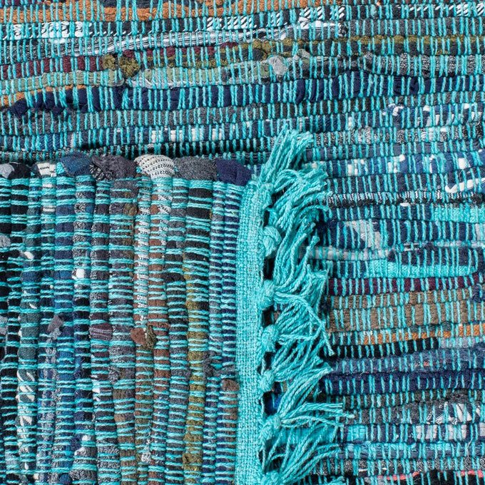 SAFAVIEH Rag Rug Collection Area Rug - 6' Square, Blue & Multi, Handmade Boho Stripe Cotton, Ideal for High Traffic Areas in Living Room, Bedroom (RAR121B)