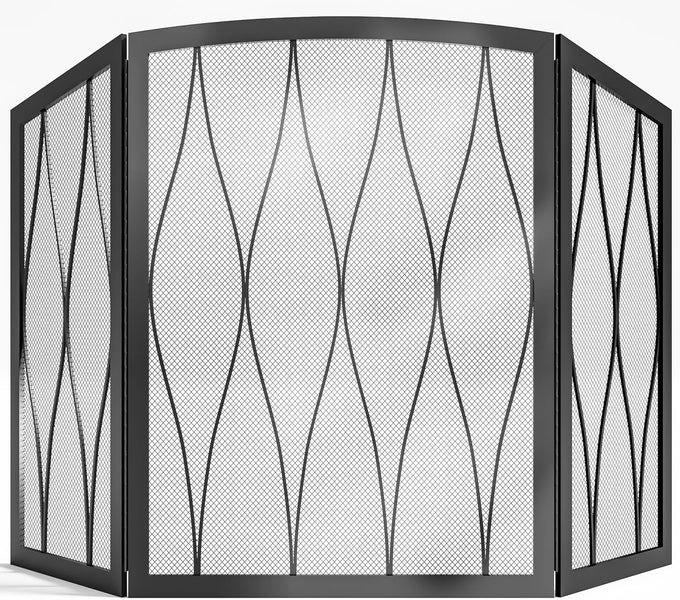 Kingson Childproof Fireplace Screen 3- Panel Modern Handcrafted Wrought Iron Foldable Metal Mesh, Heavy Duty Decorative Fireplace Spark Guard Cover for Living Room Home Decor Black Finish