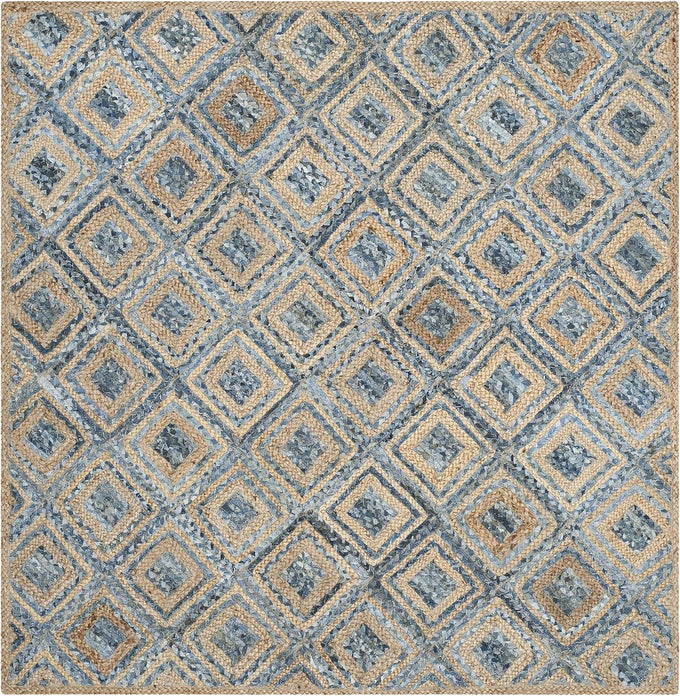 SAFAVIEH Cape Cod Collection Area Rug - 4' Square, Natural & Blue, Handmade Flat Weave Diamond Braided Jute & Denim, Ideal for High Traffic Areas in Living Room, Bedroom (CAP354A)