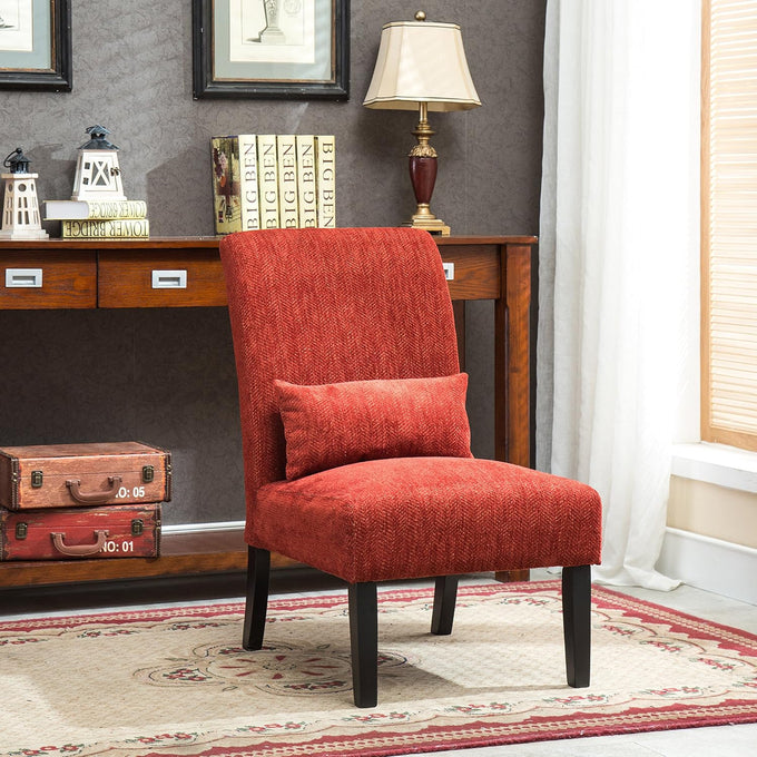 Roundhill Furniture Red Pisano Chenille Fabric Armless Contemporary Accent Chair with Matching Kidney Pillow