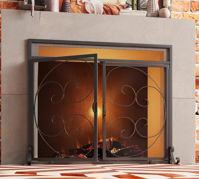 Fire Beauty Wrought Iron Fireplace Screen Magnetic Door Spark Guard Black