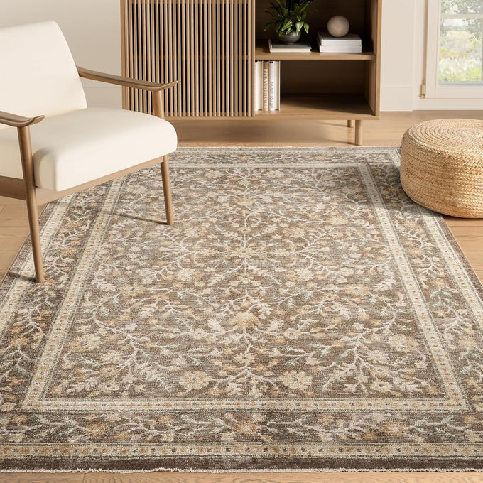 Abani Evelyn Collection Mocha Area Rug - 4' x 6' - Floral Pattern, Non-Shedding - Easy to Clean, Durable for Living Rooms, Bedrooms & Offices, Pet & Kid Friendly