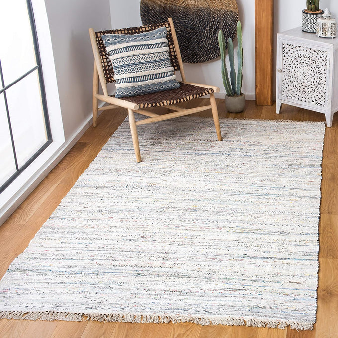 SAFAVIEH Rag Rug Collection Area Rug - 6' Round, Purple & Multi, Handmade Boho Stripe Cotton, Ideal for High Traffic Areas in Living Room, Bedroom (RAR121D)