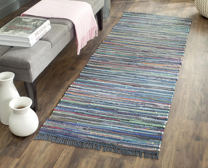 SAFAVIEH Rag Rug Collection Area Rug - 6' Round, Purple & Multi, Handmade Boho Stripe Cotton, Ideal for High Traffic Areas in Living Room, Bedroom (RAR121D)