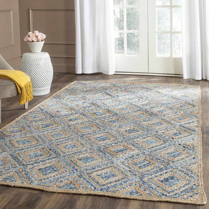 SAFAVIEH Cape Cod Collection Area Rug - 4' Square, Natural & Blue, Handmade Flat Weave Diamond Braided Jute & Denim, Ideal for High Traffic Areas in Living Room, Bedroom (CAP354A)